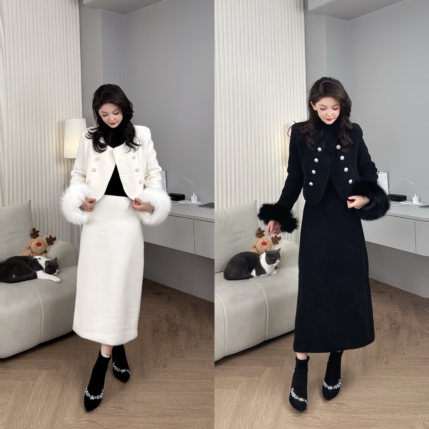 法式千金风时尚套装裙秋冬加厚毛毛袖外套半身长裙YF5044