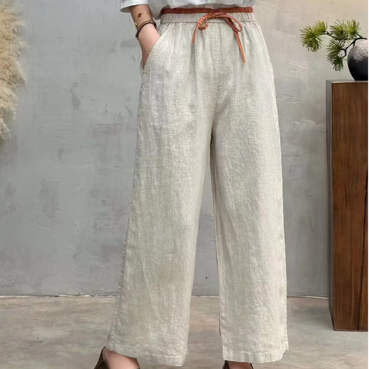 亚麻直筒裤纯色休闲裤冰凉一夏女裤国风休闲女士宽松时尚百搭夏季