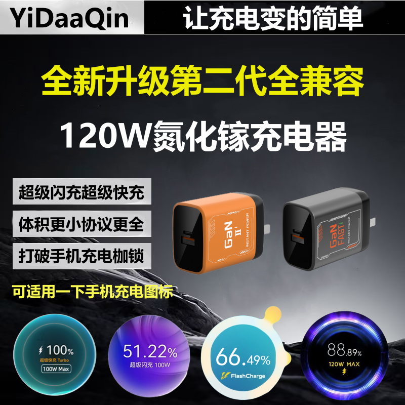 隐达擎Ⅱ代升级版120W氮化镓充电器适用iQOOvivoOPPO华为荣耀小米