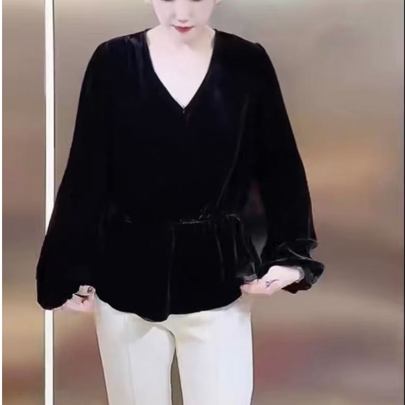 修身轻奢优雅风黑色V领丝绒上衣女装长袖收腰显瘦高级感气质小衫