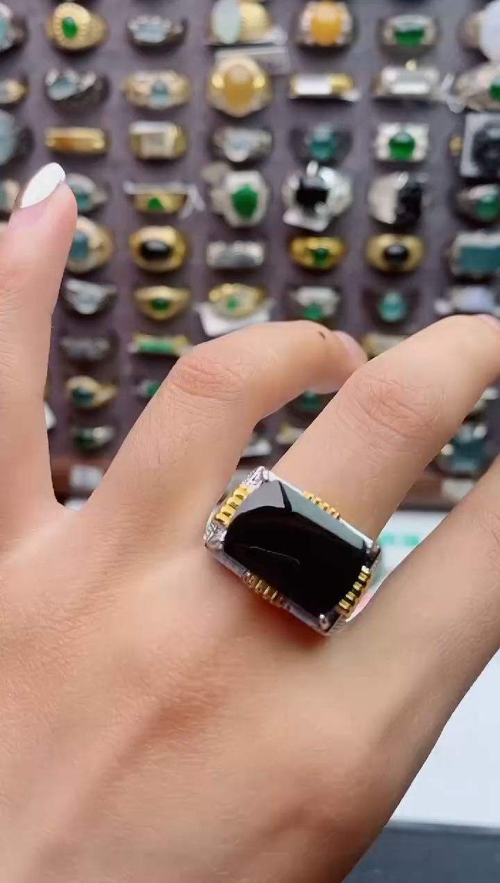 银S925镶嵌戒指翡翠天然翡翠男戒