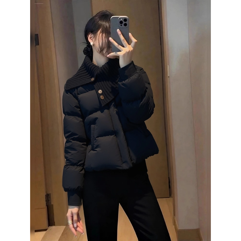 独特别致设计感超好看冬装新款外套女气质小香风围脖黑色加厚棉服