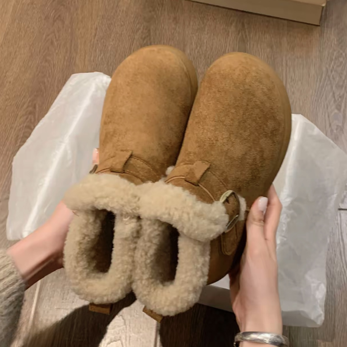 厚底加绒毛毛博肯雪地靴东北棉鞋