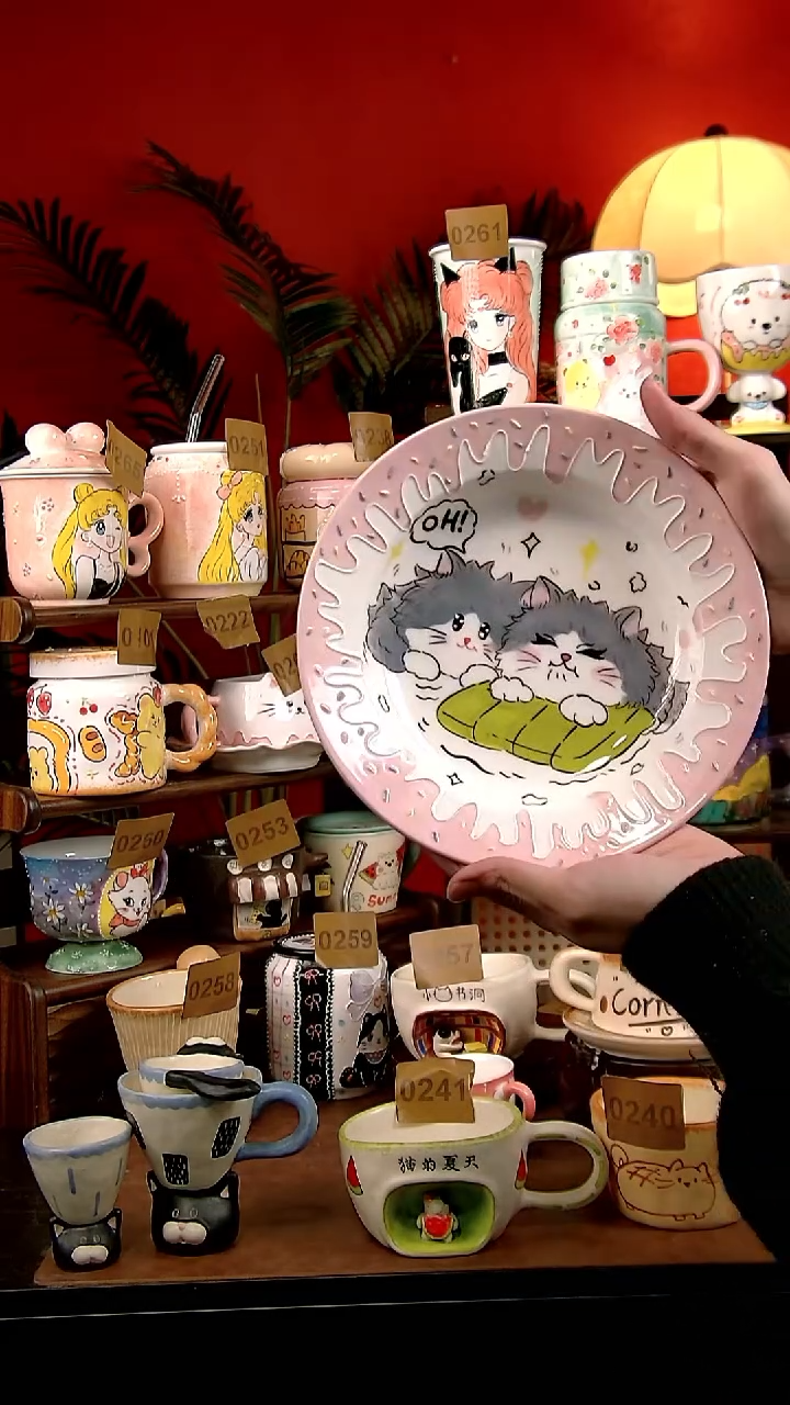 盘瓷DIY景德镇创意手绘陶瓷卡通小猫老师