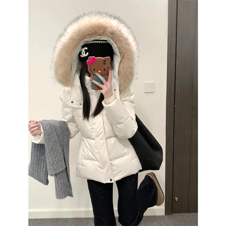 白色收腰羽绒服女2025冬季大毛领修身显瘦连帽90白鸭绒面包服外套
