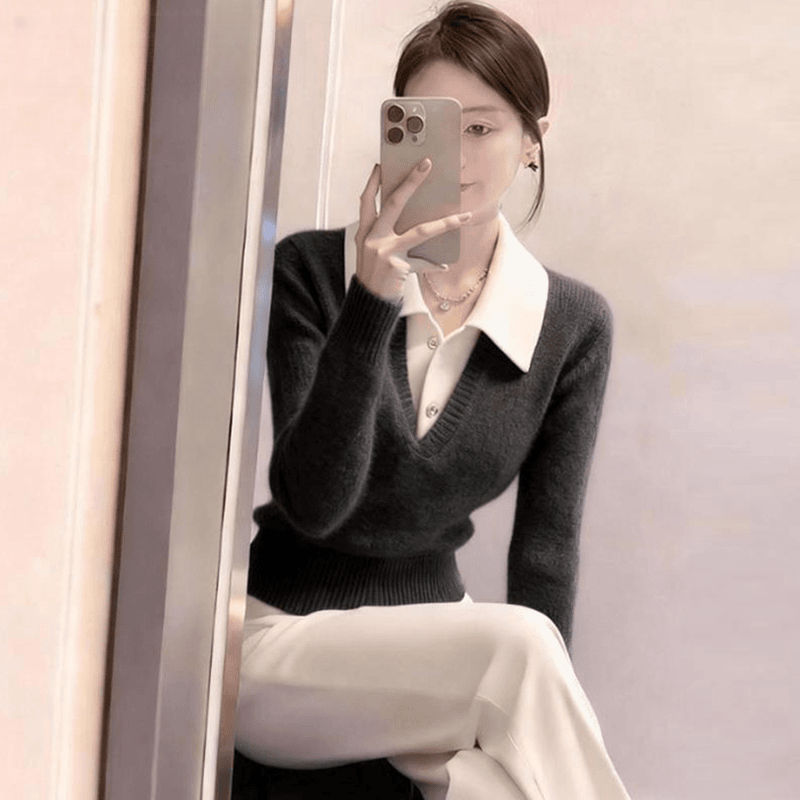 973#假两件气质显瘦套头毛衣女2025秋冬轻熟风翻领软糯内搭针织衫