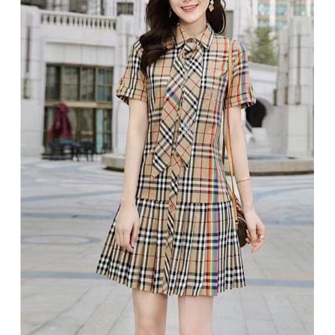 （彩虹织带百褶连衣裙）2025夏季新款时尚彩虹织带百褶短袖连衣裙