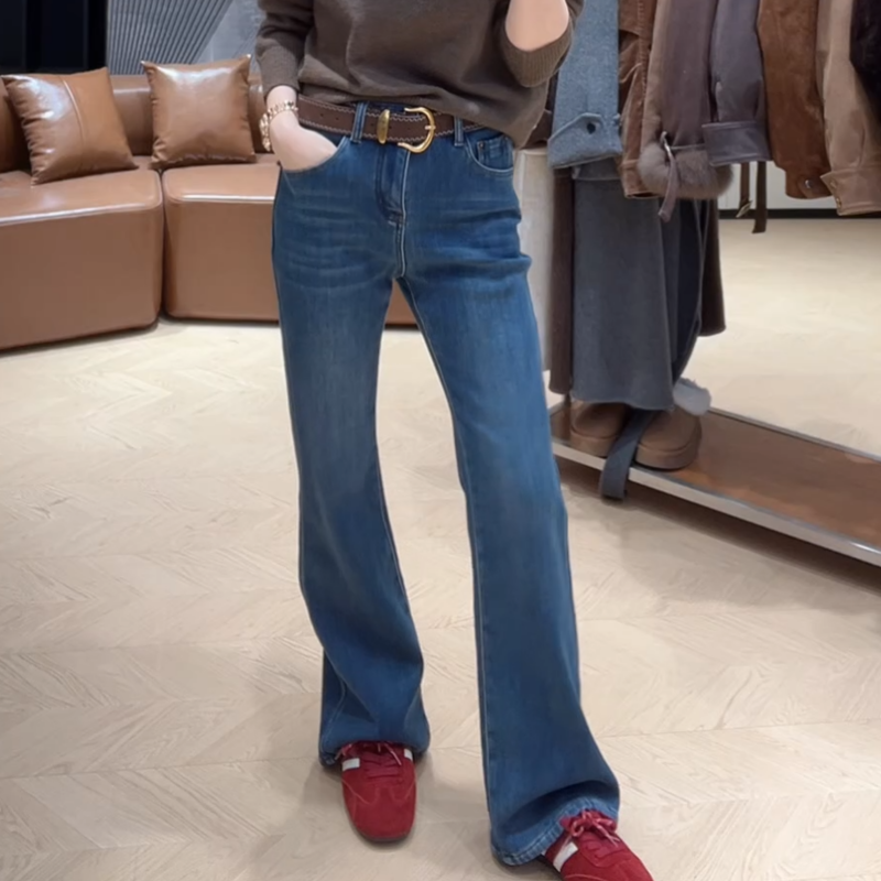 冬季新款加绒显瘦微喇高腰牛仔裤时尚百搭裤子LK2508986