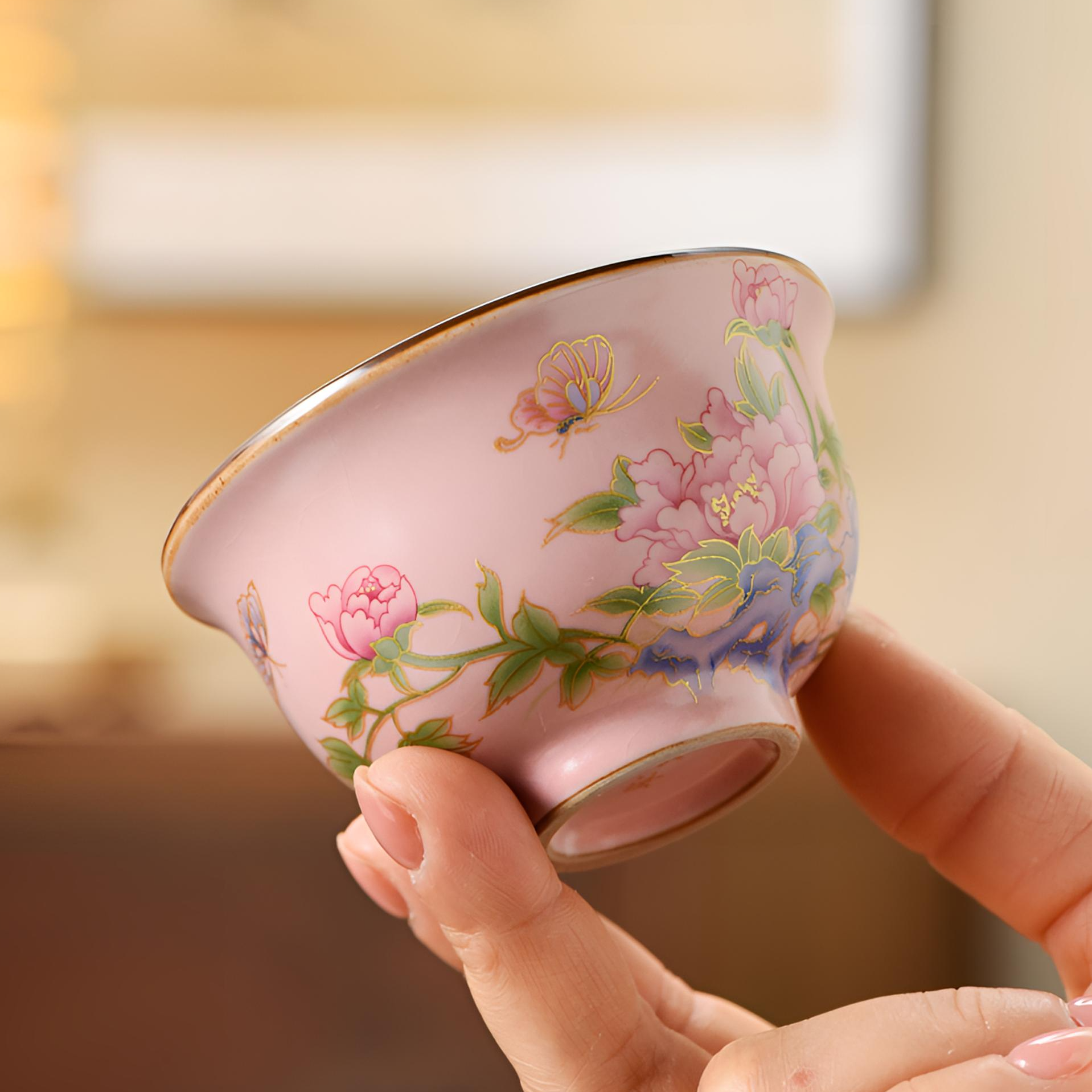 新式牡丹陶瓷压手杯家用茶杯-0073