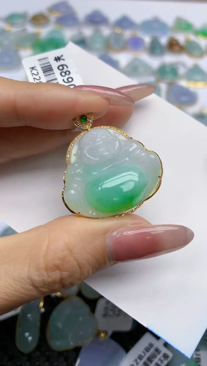 【闪购商品】翡翠挂件18K金镶嵌天然翡翠A货