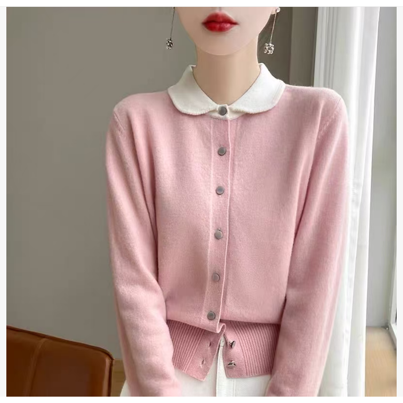 100%绵羊毛娃娃领撞色长袖女式羊毛开衫25DAK1861