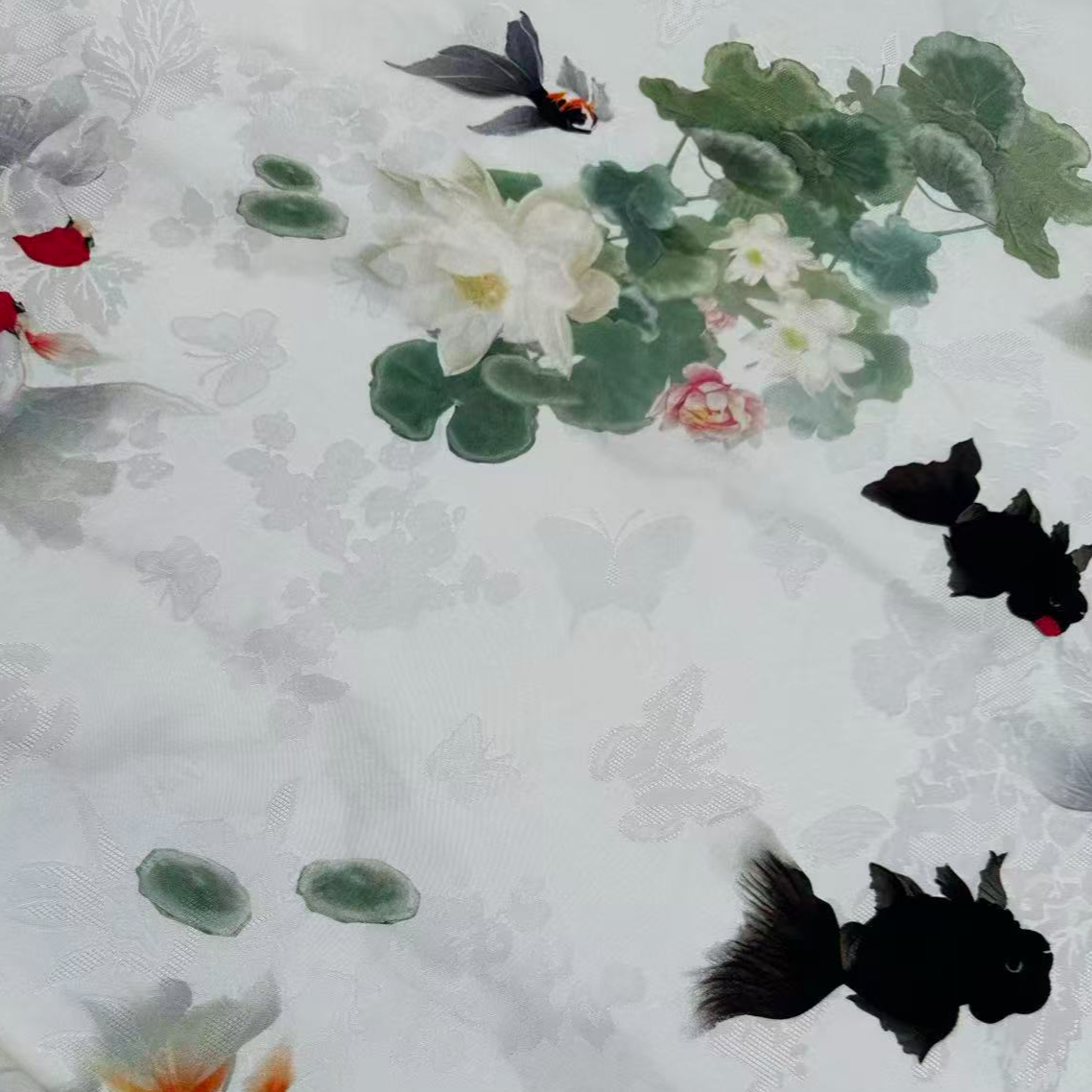 【布头福利】白色莲花小金鱼百分真丝