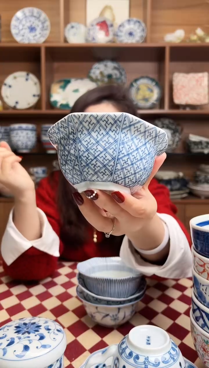 【闪购商品】瓷片染格子12cm八角小碗    