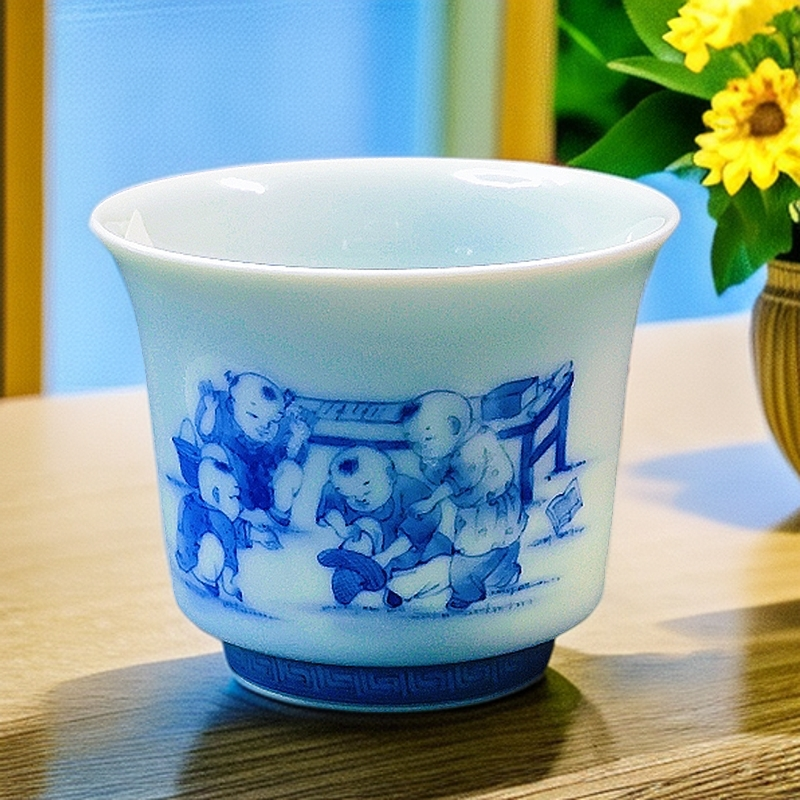 【纯手工手绘】景德镇亦陶斋张平-青花主人杯(五子登科)