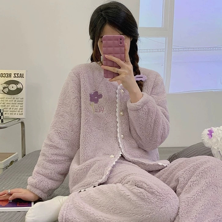 2025秋冬季开衫外穿珊瑚绒小香风睡衣家居服套装新货