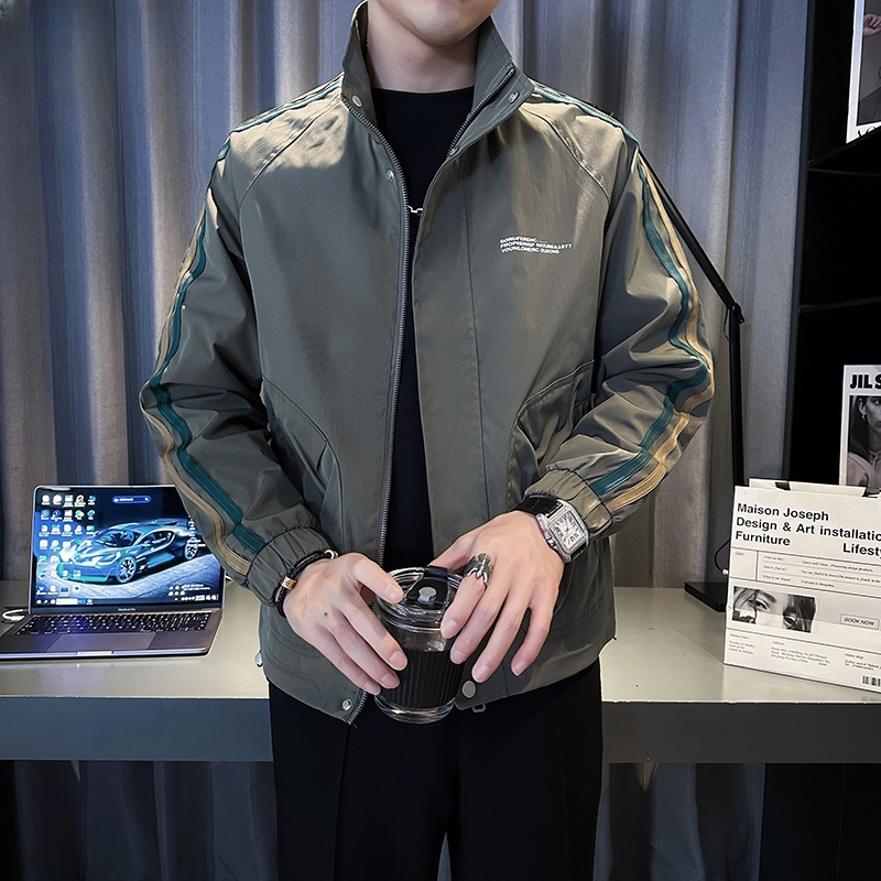 业速2025春秋季男士时尚拼色条纹夹克男立领插袋休闲外套帅气上衣