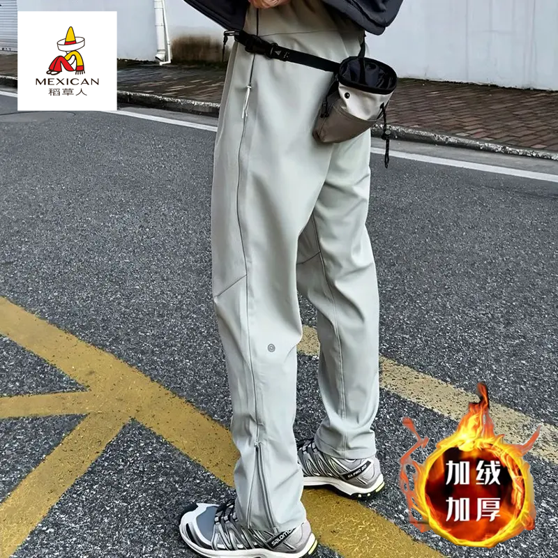 稻草人秋冬加厚防风户外加绒休闲裤立体半长裤脚拉链软壳冲锋裤子