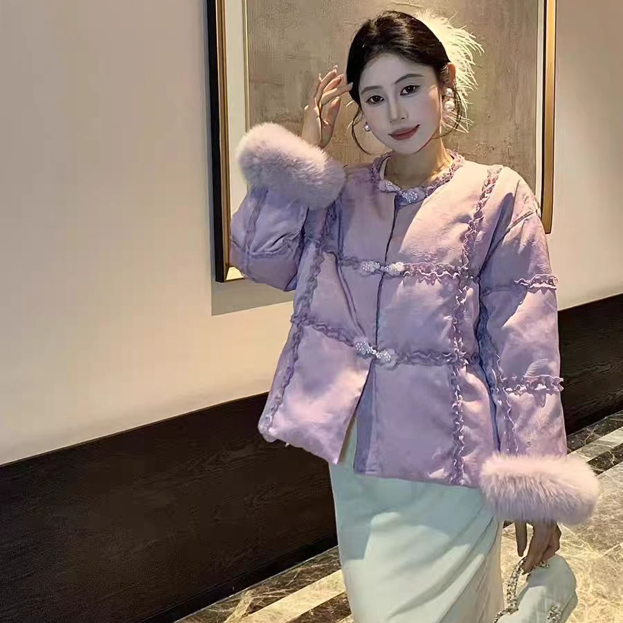 2025冬季新款圆领拼接短款羽绒服流苏提花百搭重工90白鸭绒