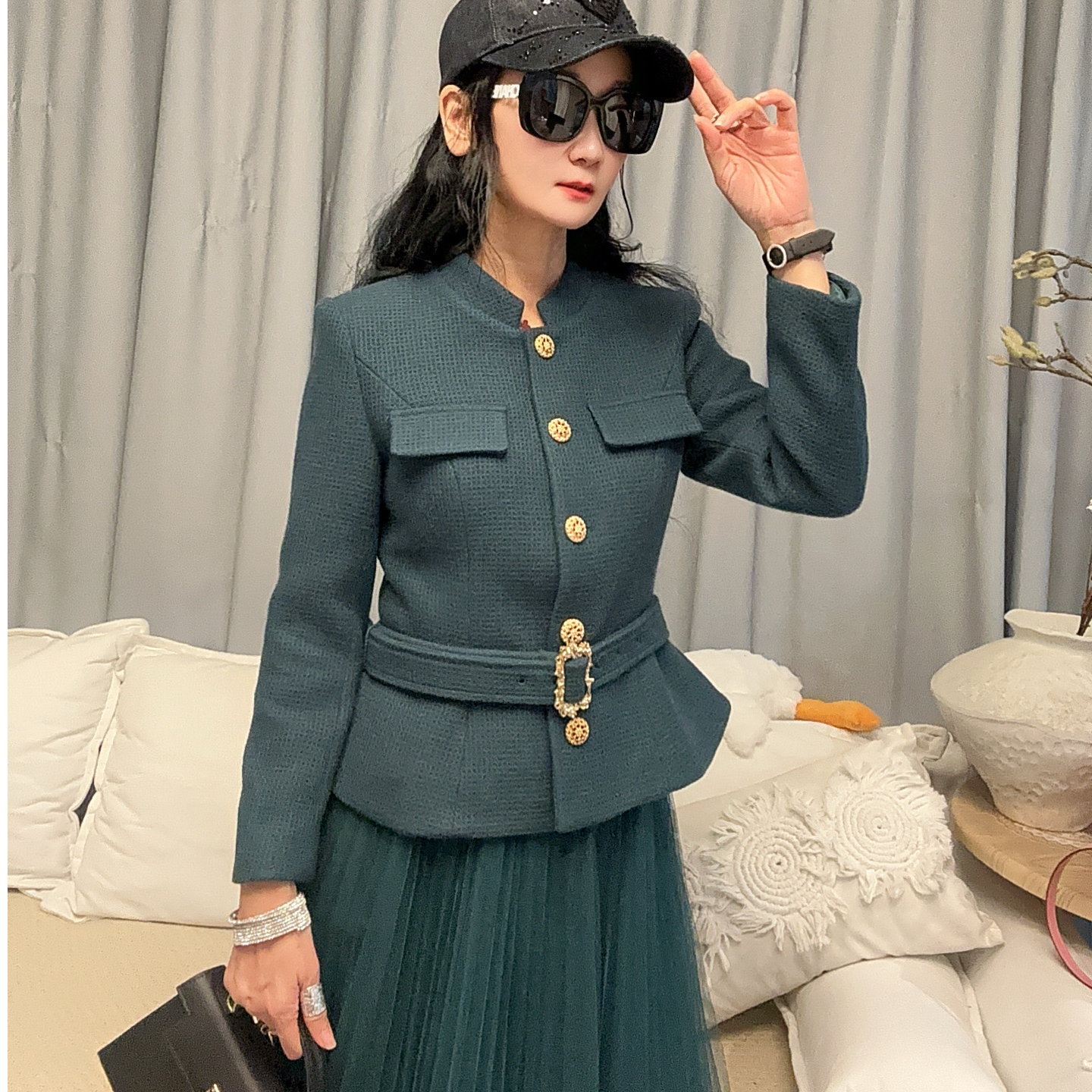 M53X005慕之淇绵羊毛气质复古修身短外套+网纱半身裙时尚套装