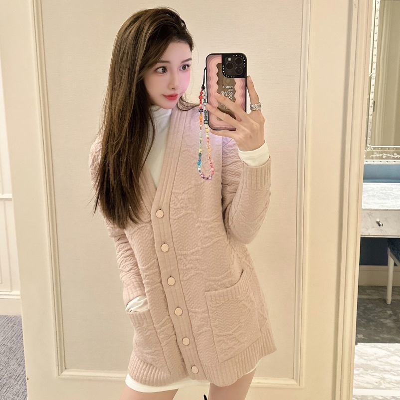 99新 FENDI/芬迪 H14289 棕色浮雕满印羊毛针织开衫外套 36 XS码