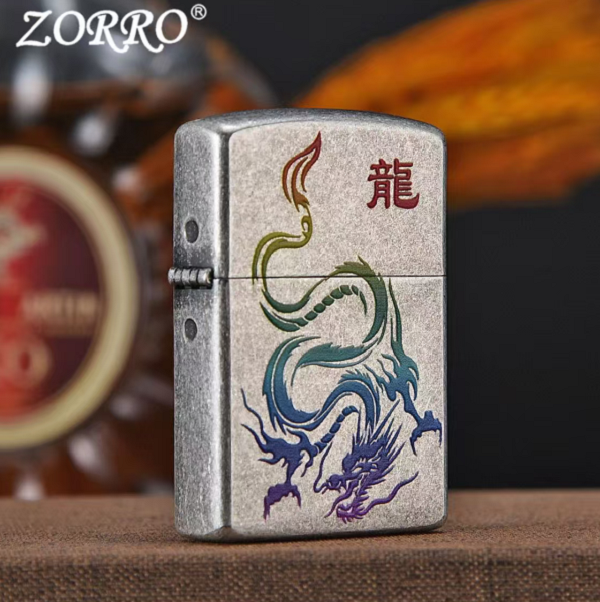 ZORRO佐罗古银彩绘龙防风煤油打火机精雕创意潮节日礼物送男友