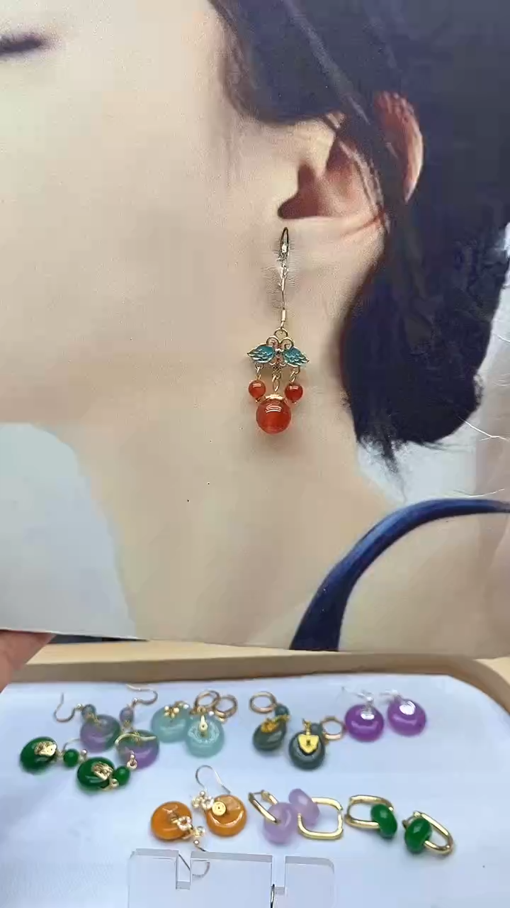 南红玛瑙14K金镶嵌耳饰132