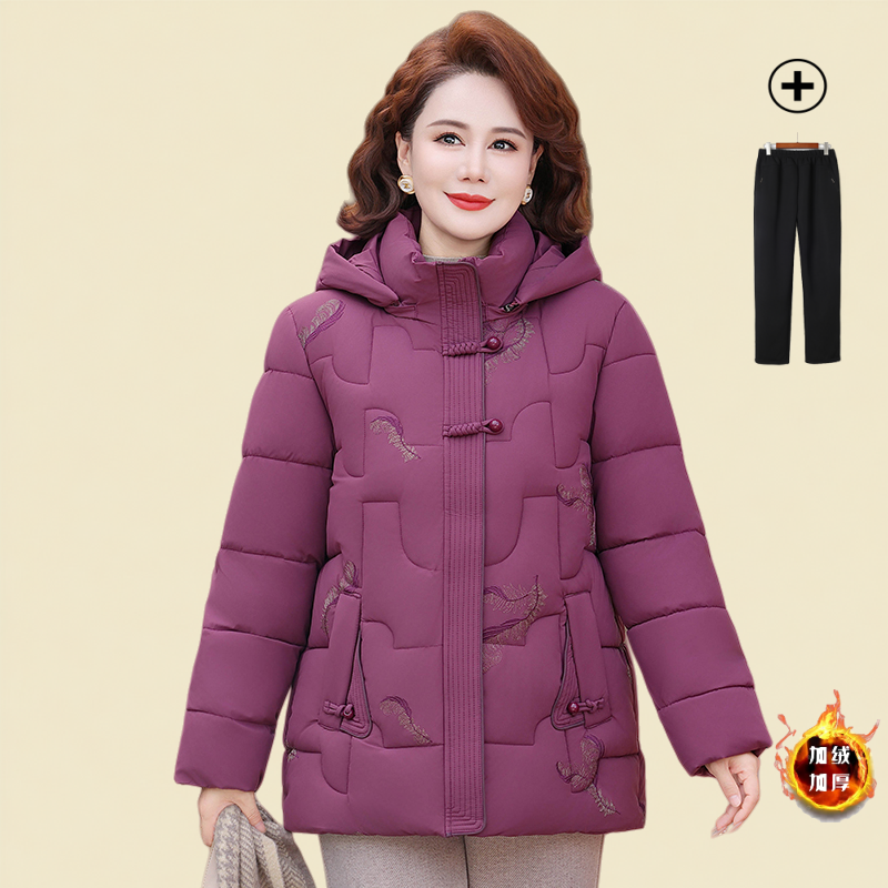 2025冬装妈妈连帽棉服奶奶新款棉衣中老年棉袄加厚外套洋气时尚女