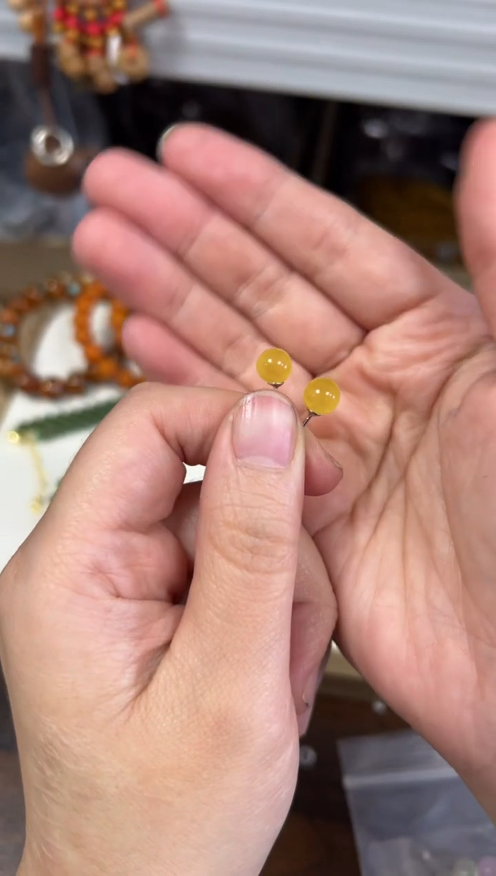 蜜蜡银S925镶嵌耳饰蜜蜡小圆珠银耳钉[4323]