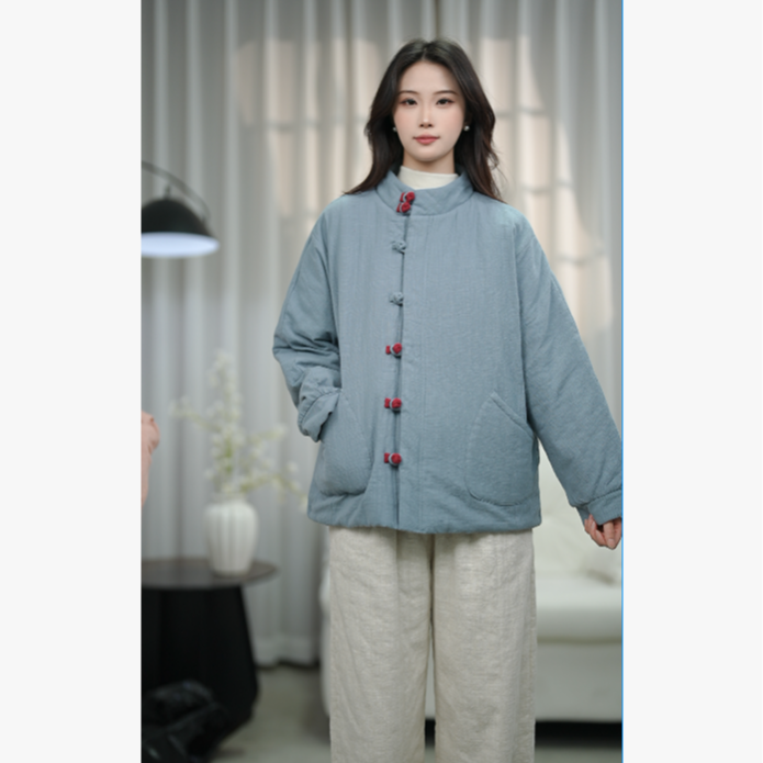 冬季高品质中款亚麻汉麻彩扣加厚棉服