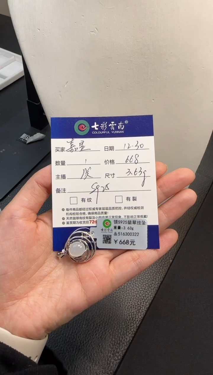 颈饰银S925镶嵌翡翠嘉**昱白冰