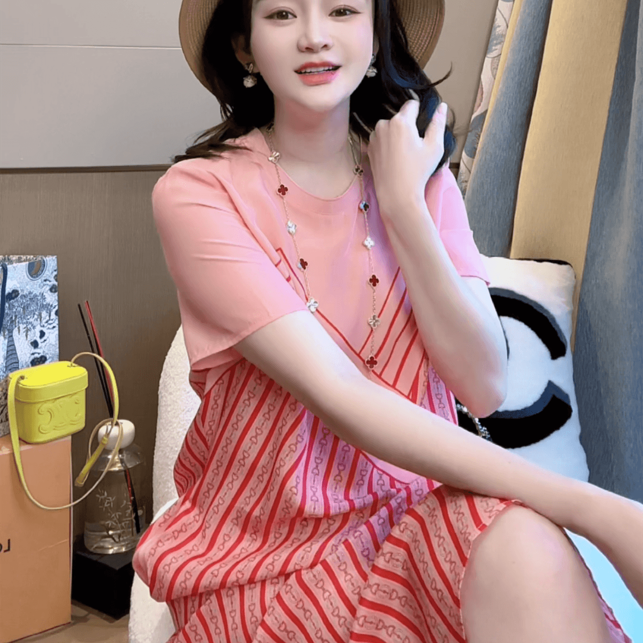 【丝芙玉禄】（S095）100%真丝双绉创意条纹连衣裙桑蚕丝女装连衣裙