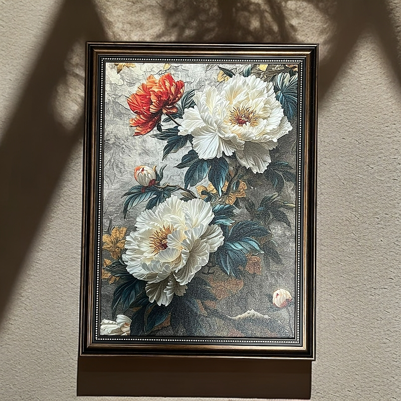 s100新款白牡丹玄关卧室客厅餐厅挂画法式美式中古复古植物花卉画