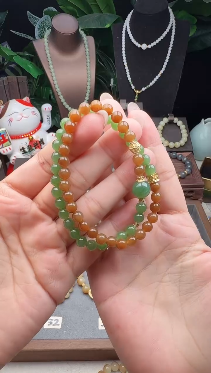 未镶嵌手链和田玉精品6m糖玉配碧玉双圈手串