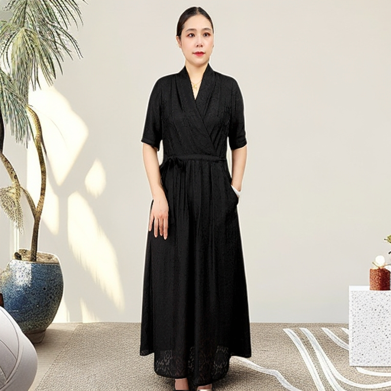 5007高端连衣裙黑色2025新款夏季时尚显瘦气质V领设计感薄款长裙