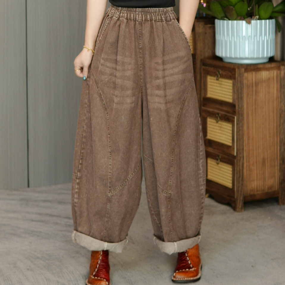 春季新款重工彩色牛仔哈伦老爹休闲直筒裤阔腿裤宽松复古松紧腰