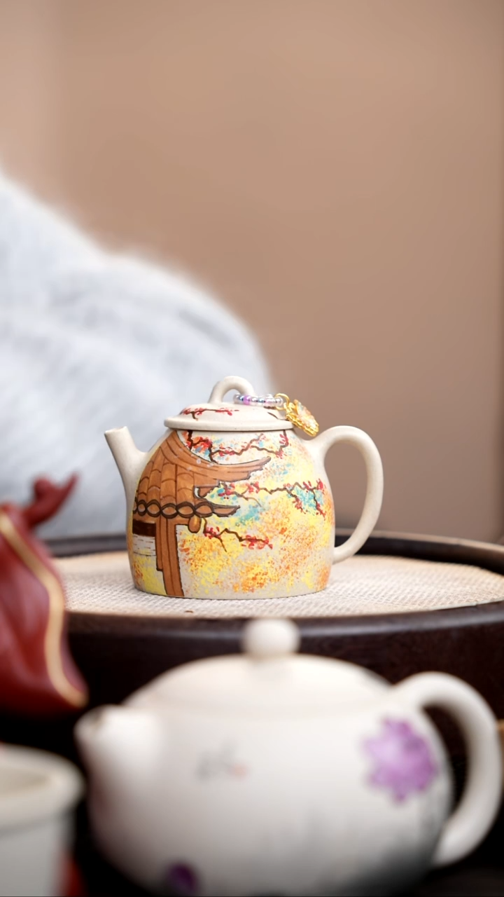 茶壶紫砂白玉段秦权泥绘枫亭晚 