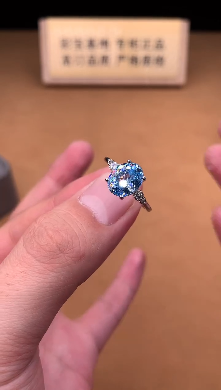 银S925镶嵌戒圈海蓝宝石2222