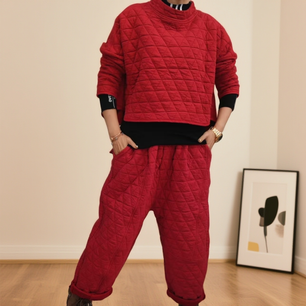 5555（飞儿同款）套装加棉加厚休闲裤子宽松秋冬压格垮裤纯色