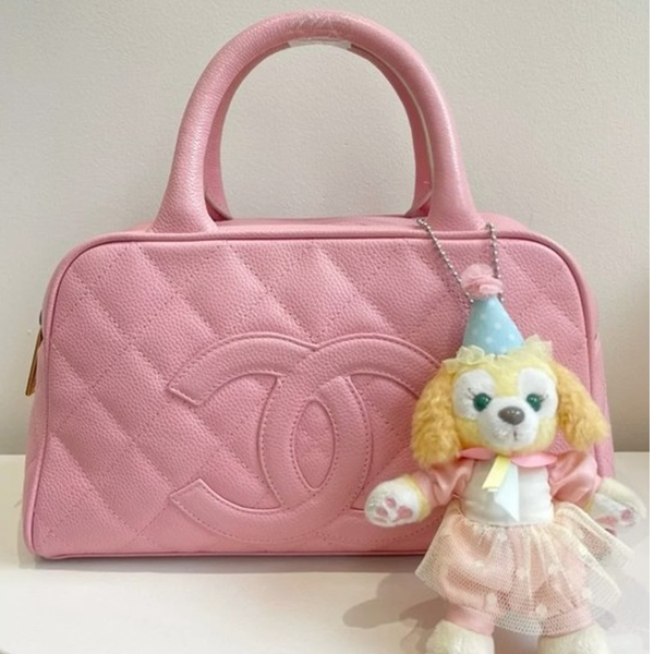 95新 Chanel/香奈儿 小花柳 中古 保龄球包 粉色 荔枝皮革C 8开