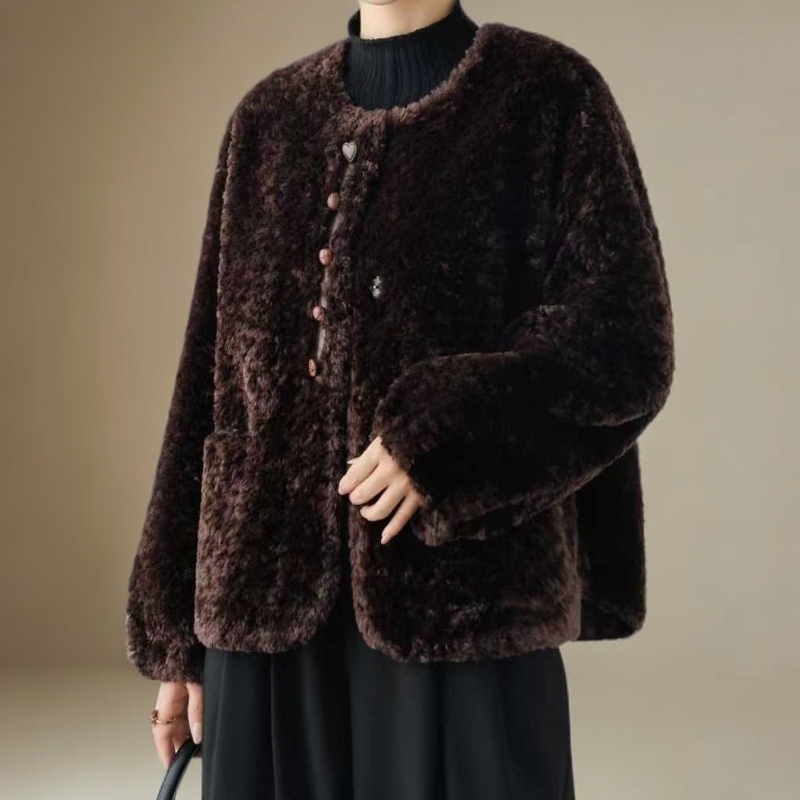 沙与沫慵懒风圆领女保暖短款暗扣宽松休闲短外套上衣