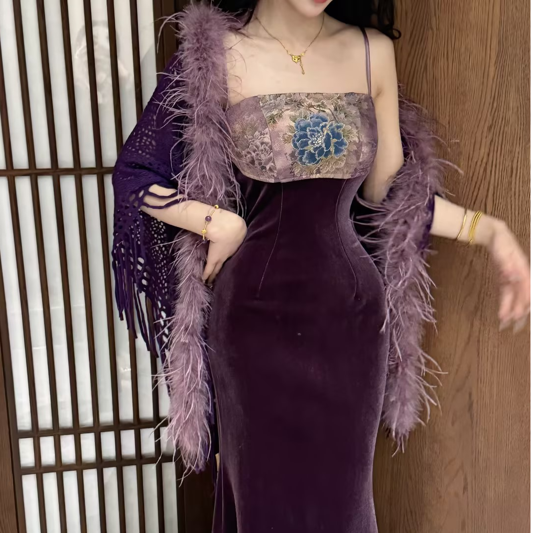 LHMknk1画报夫人原创秋冬定位花拼接丝绒鱼尾吊带鱼尾裙 狐系紫