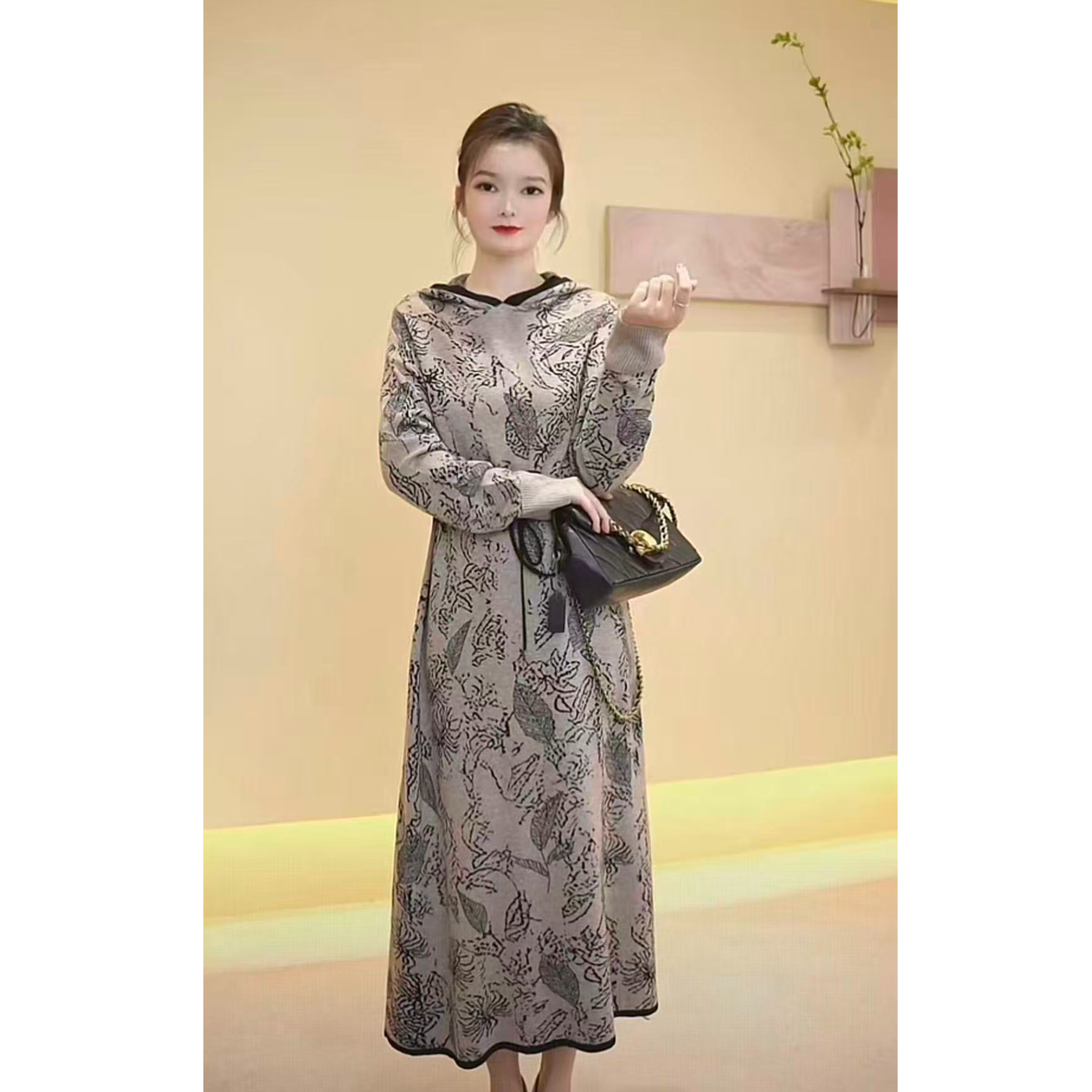 JS 952  秋冬新款复古提花时尚百搭显瘦宽松连衣裙