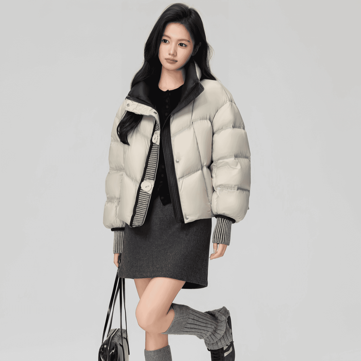 鸭鸭云氧泡芙羽绒服女2025新款针织拼接洋气超好看短款面包服外套