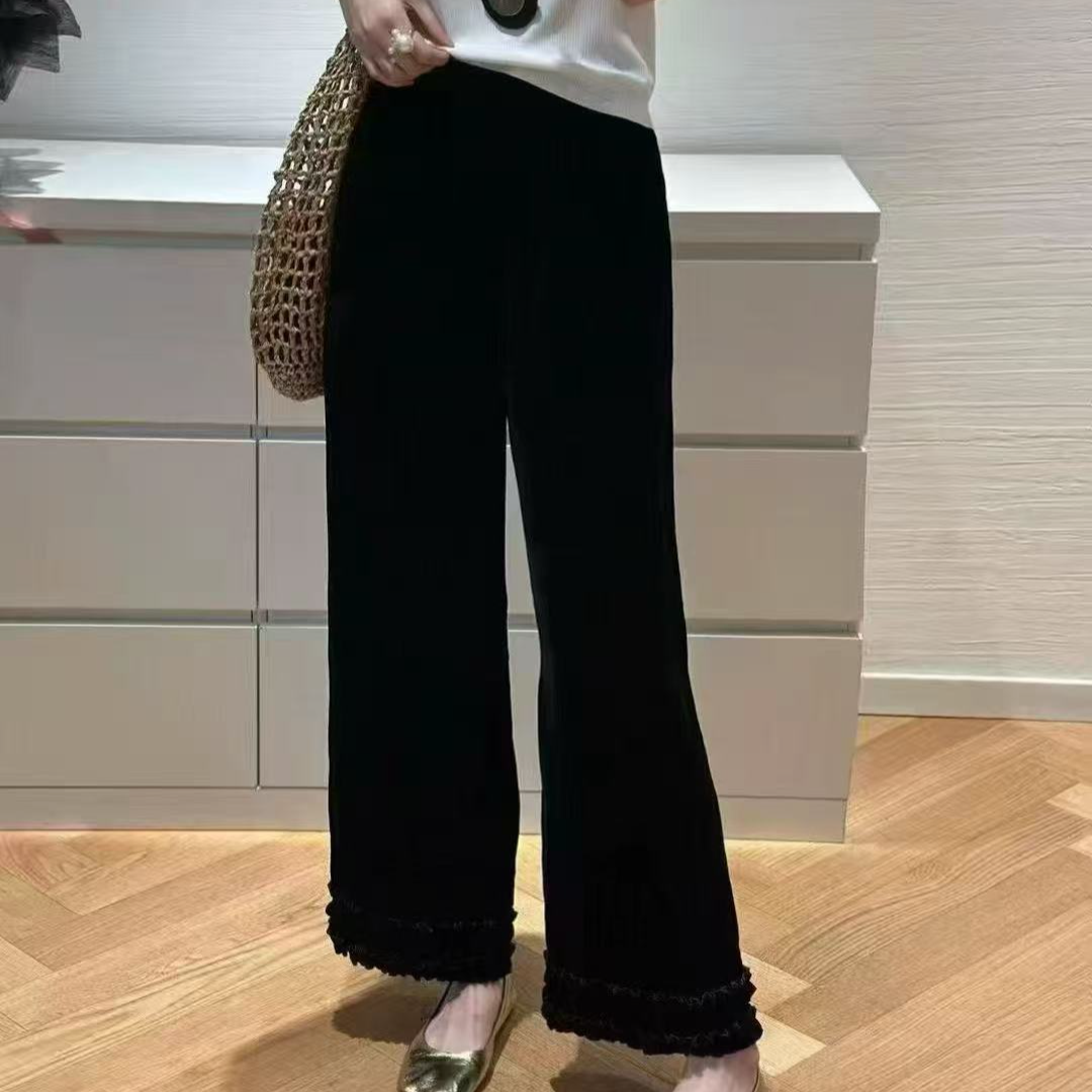 秋冬季新款大码女装梨形身材显瘦遮肉丝绒花边阔腿裤