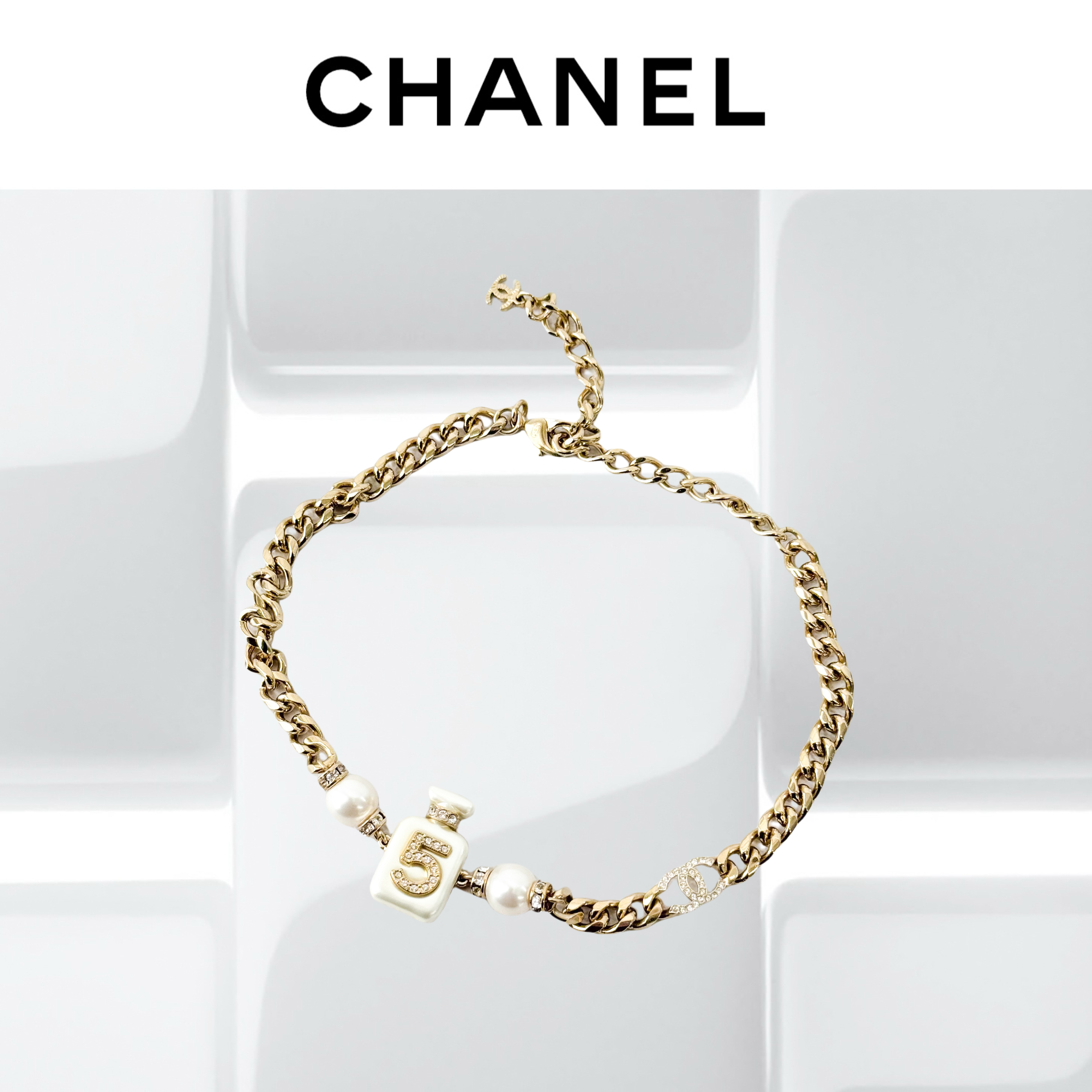 99新 Chanel/香奈儿 22S白色香水瓶金色项链