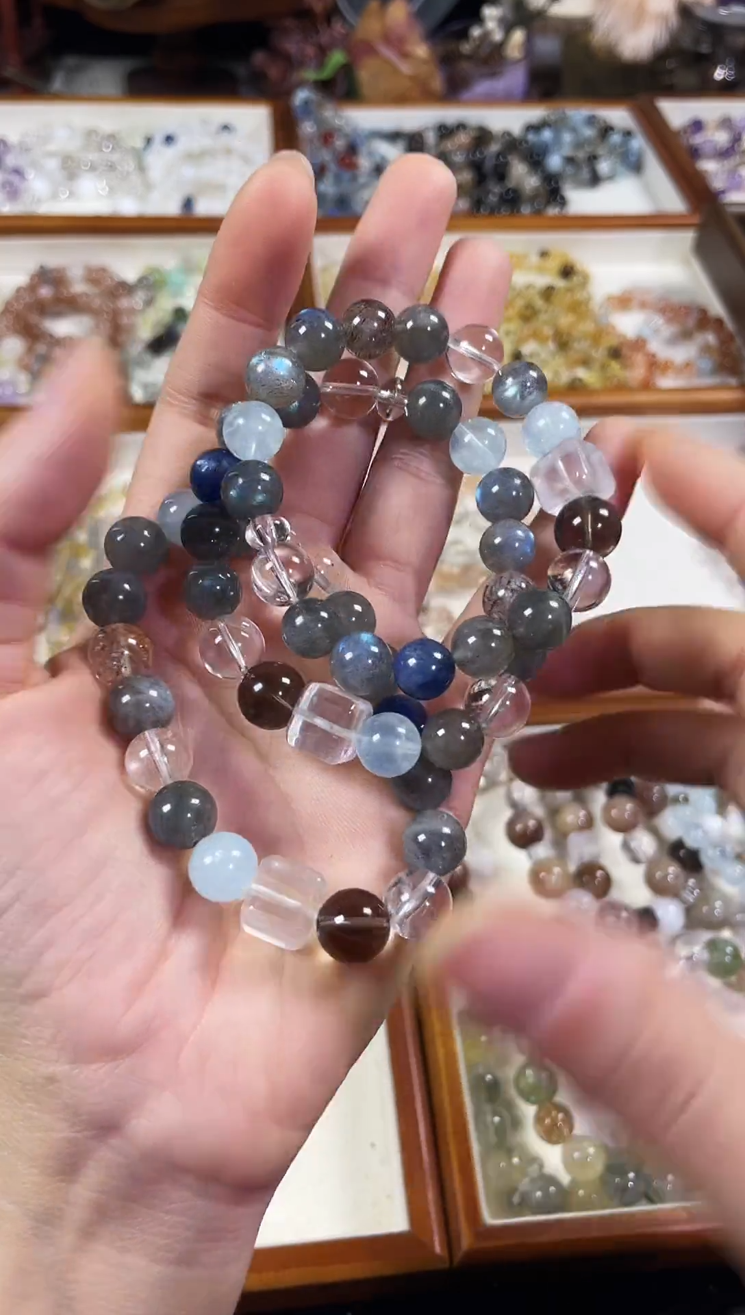 未镶嵌手串水晶天然灰月光蓝晶石海蓝宝茶水晶多宝手串
