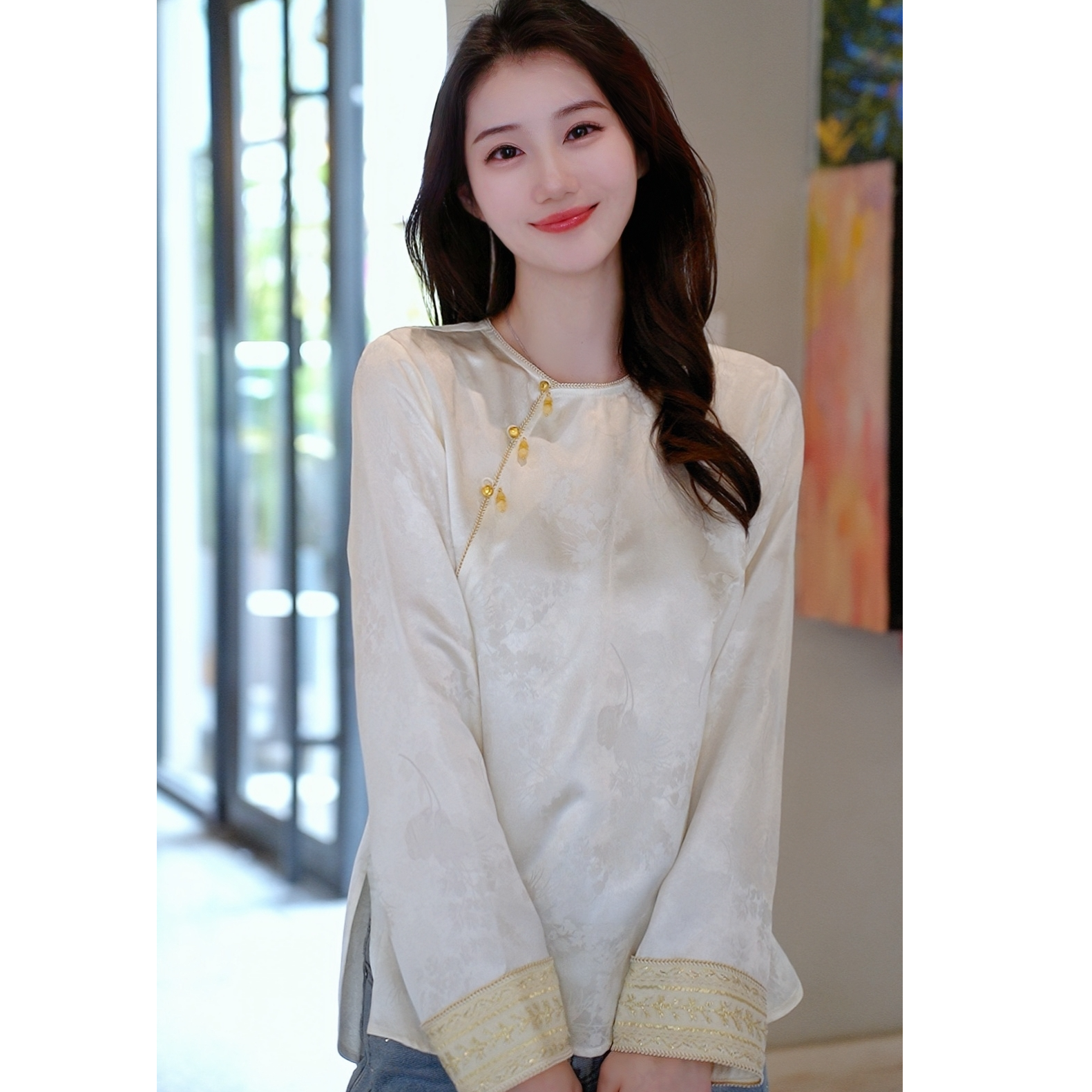 【穗穗定制】时尚新中式国风百搭显瘦圆领衬衫6548