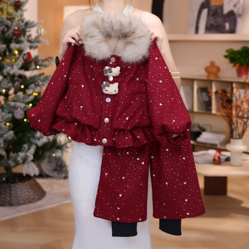 冬季女童加厚韩版毛领童趣猫咪外套上衣外套裤子套装DC40724