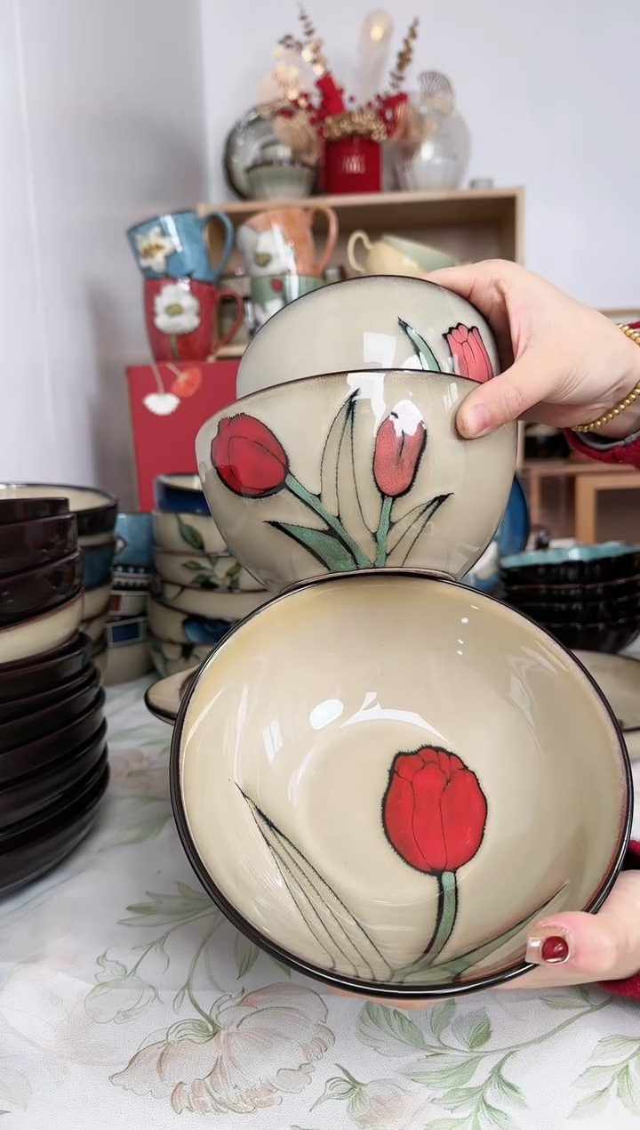 【闪购商品】瓷郁金香米饭碗面碗8寸汤碗各一只