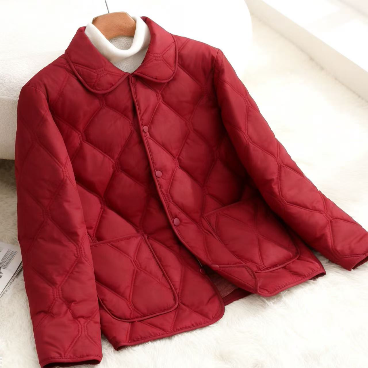 【二玲专属】2026新款女士秋冬棉服保暖时尚韩版轻薄菱形双线棉衣